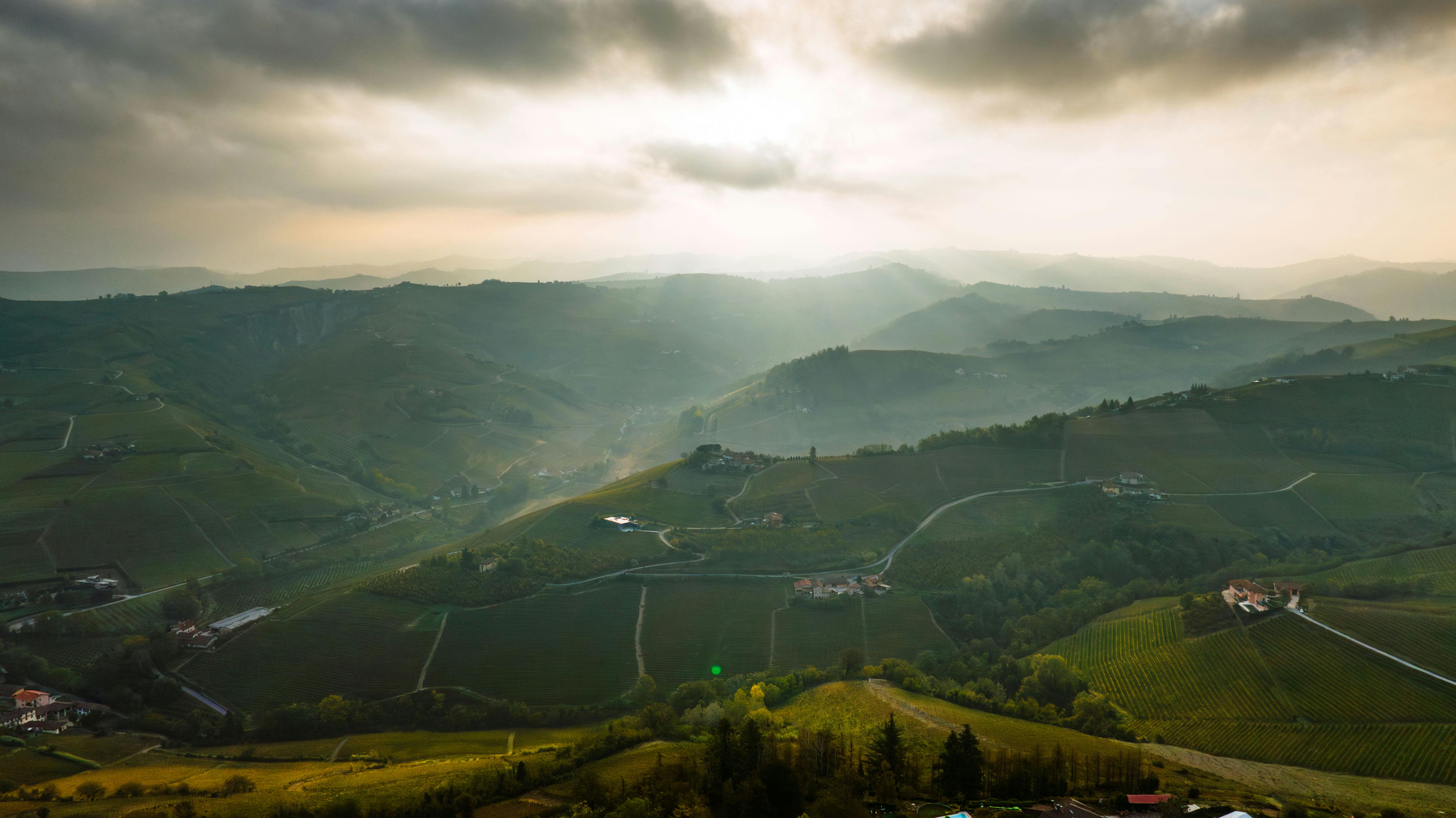 Colline vinicole delle Langhe con borgo rurale e foschia serale