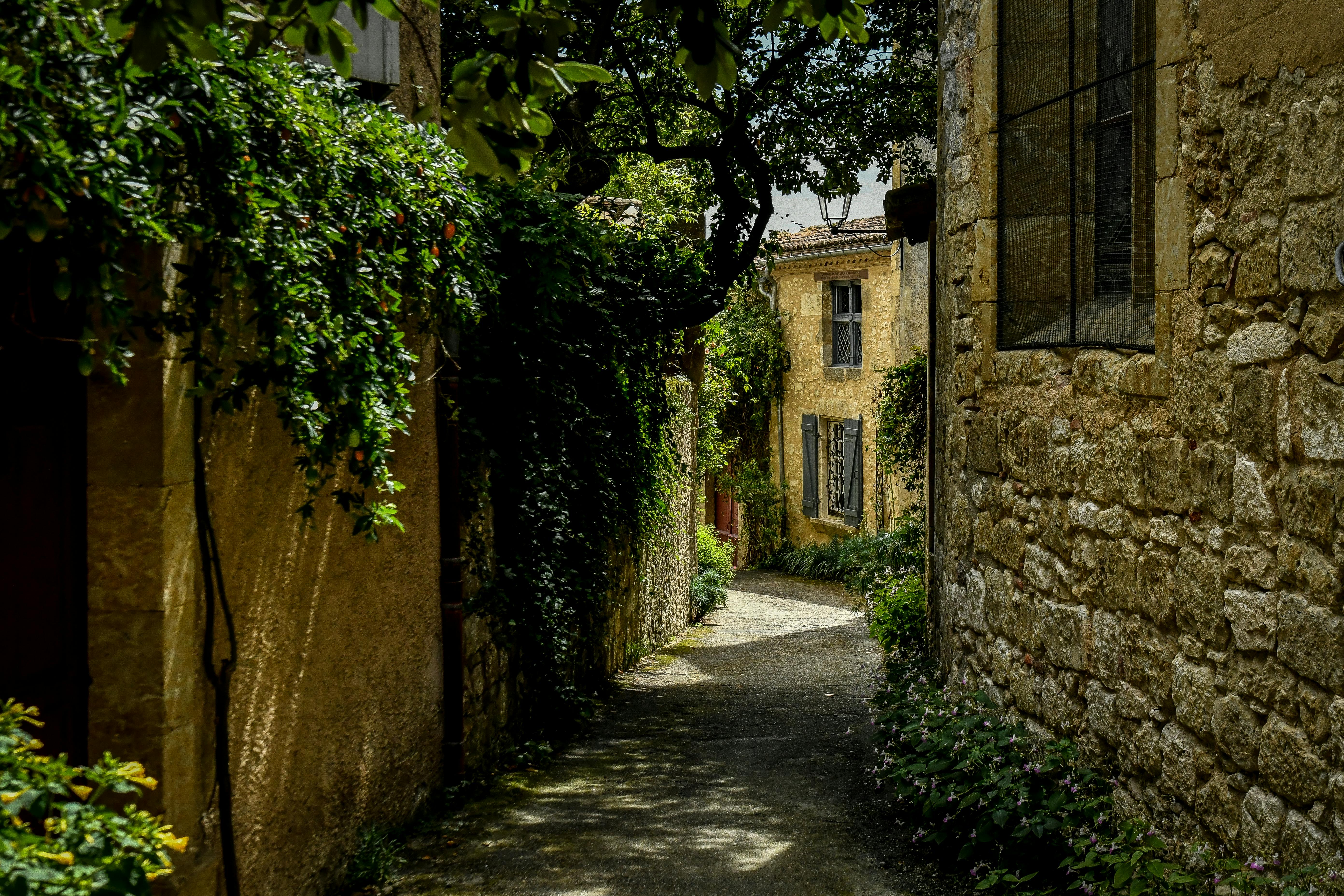 Stradina di un borgo italiano rustico con case in pietra calda e luce di campagna